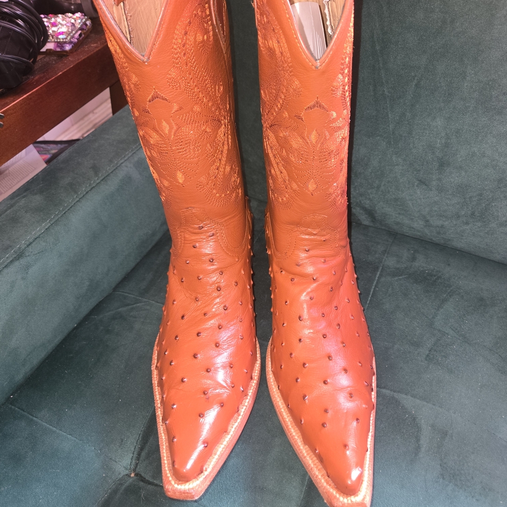 Mens Size 11 Burnt Orange Western Leather Ostrich Print Pointed Toe Cowboy Boots